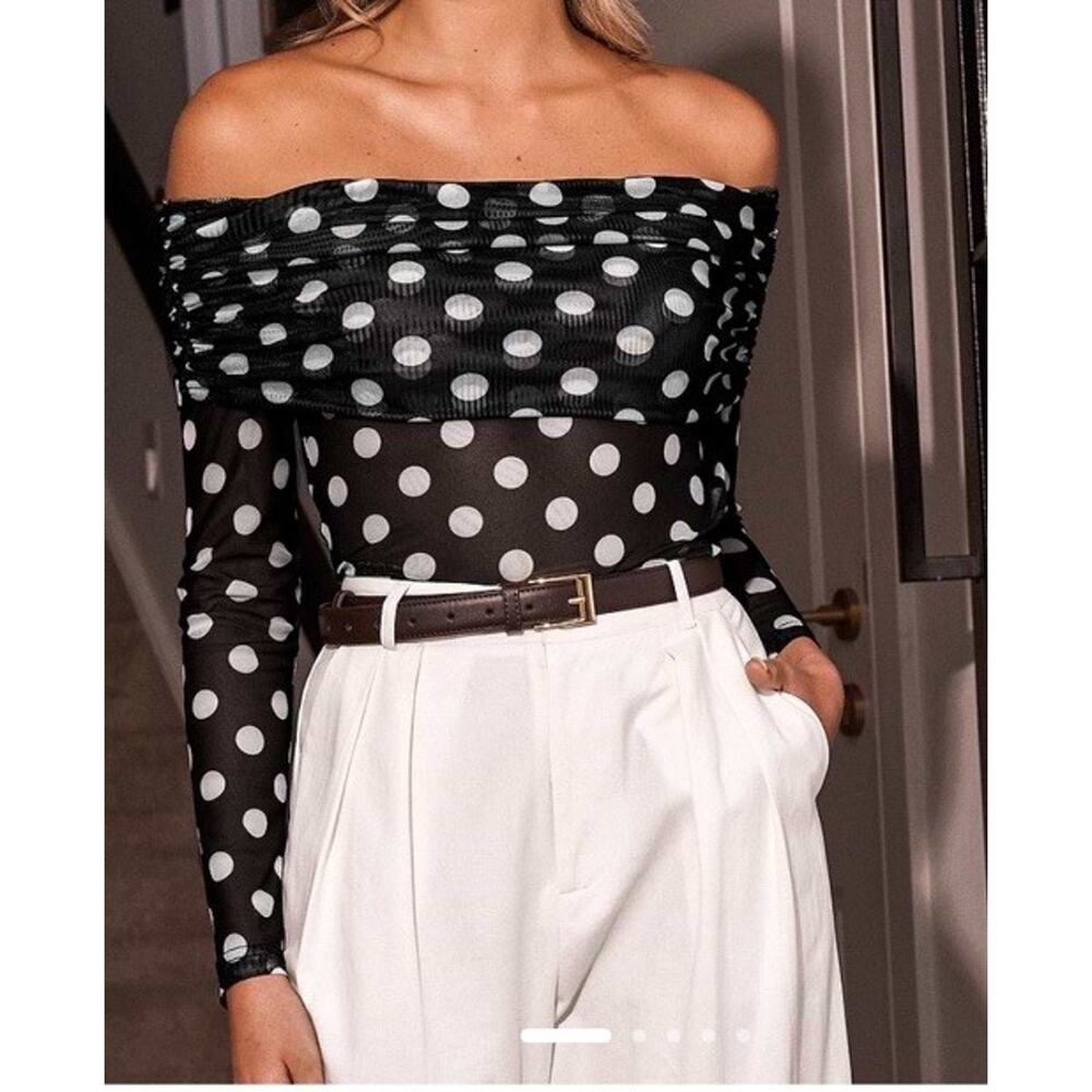 Cupshe Polka Dot Sheer Mesh Off Shoulder Top XL Black White NWT